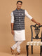 Vastramay Men's Black Ikkat Printed Cotton Nehru Jacket With White Kurta And Pyjama Set